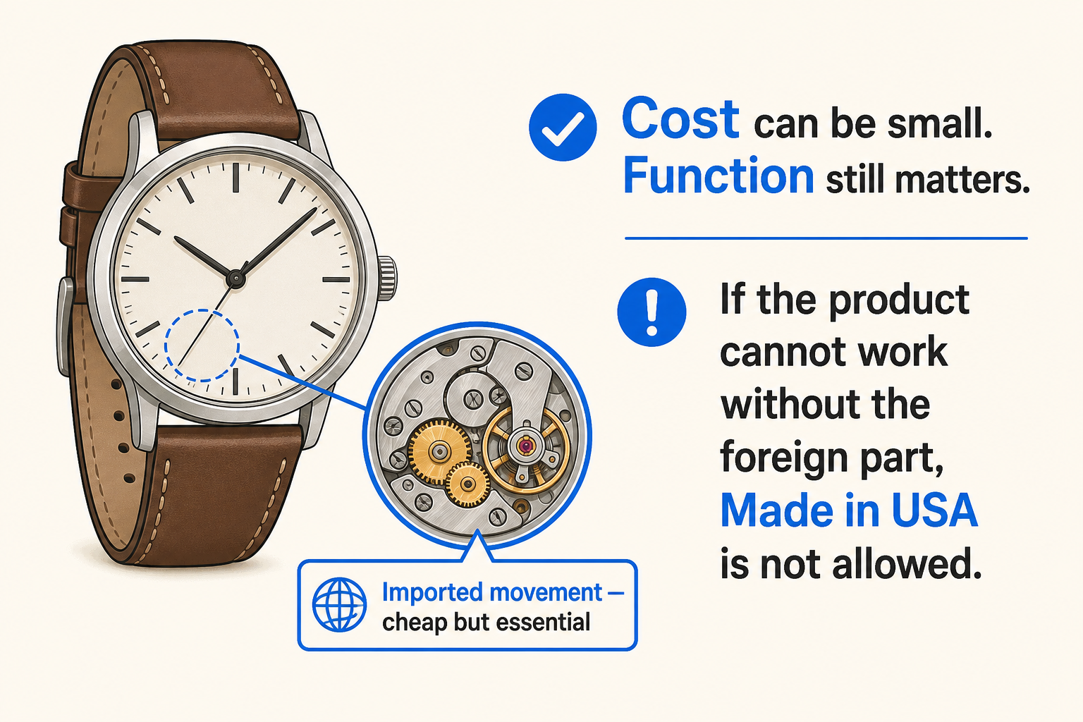 Illustration of a watch with an imported movement, explaining that essential foreign parts block a Made in USA claim even when they are inexpensive